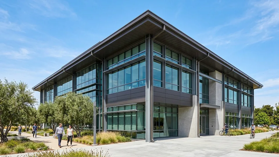 Modern commercial office building with clean seamless box gutters and downspouts