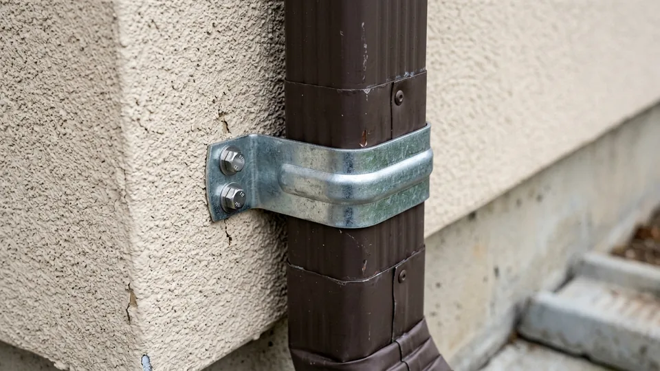 Heavy-duty aluminum downspout wall strap bracket anchored securely into exterior stucco siding