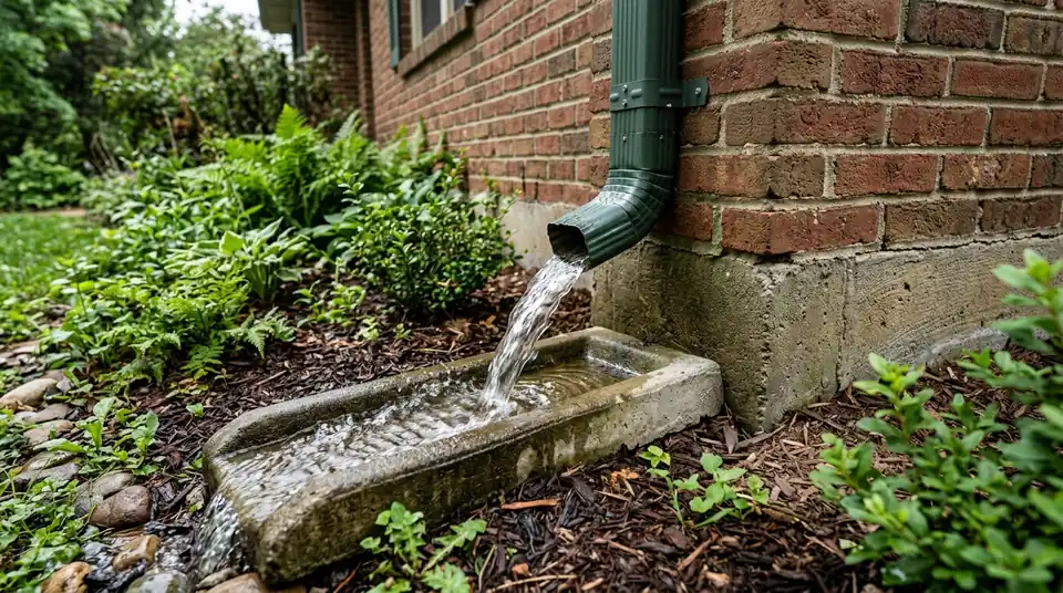 Water flowing freely from downspout elbow during post-cleaning flow test