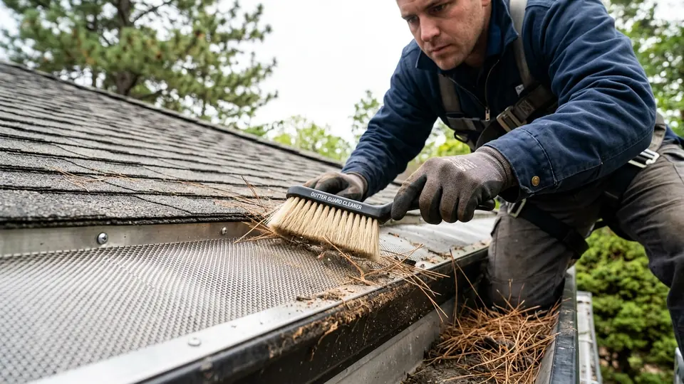 Technician using specialized soft brush tool to remove pine needles from micro-mesh gutter guard