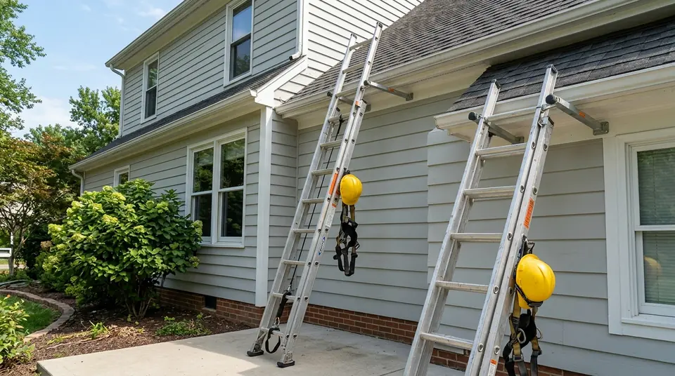 Padded ladder standoff stabilizer braced against roof eaves protecting gutters