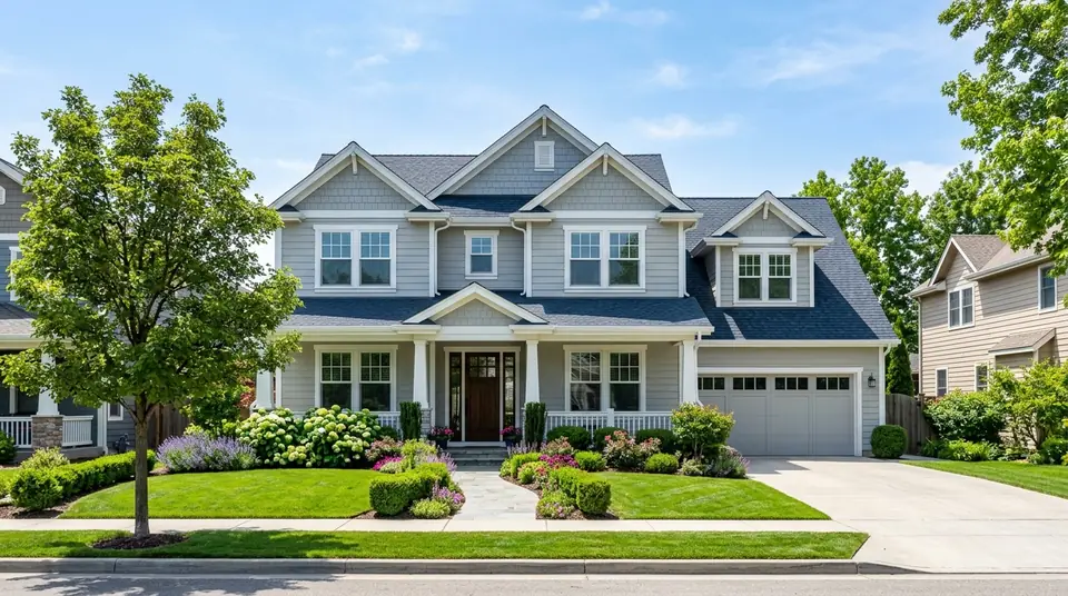 Single-family suburban home with clean gutters along roofline