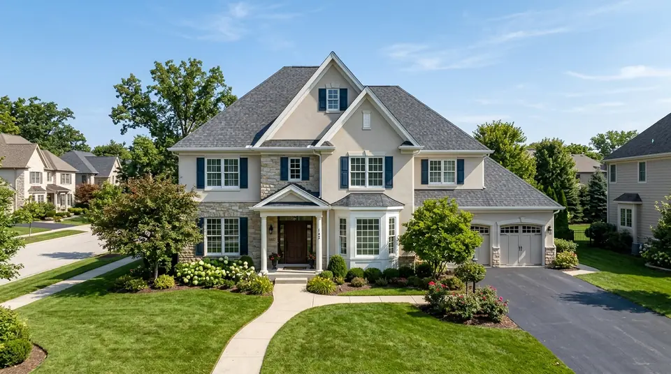Two-story residential home with clean gutters and roof eaves