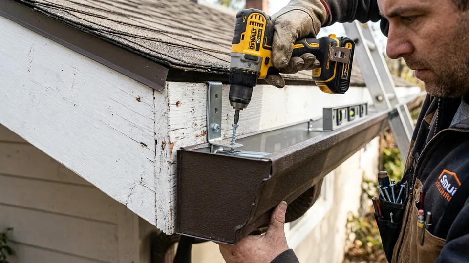 Technician using cordless drill to fasten hidden hanger bracket into fascia board